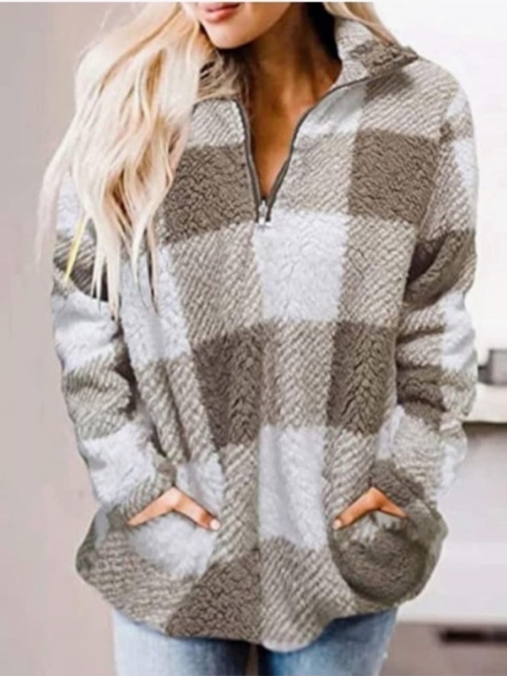 Neutral Buffalo Plaid Sherpa Half-Zip Pullover